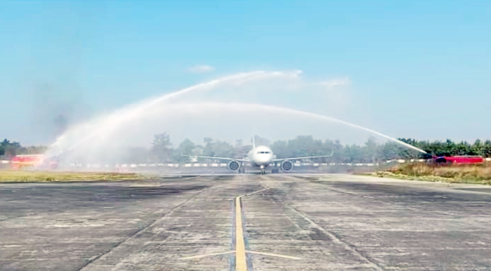 Water cannon salutes welcome the inaugural Indigo 6E 2433 Delhi-Dimapur flight on December 26 at Dimapur Airport. (Morung Photo/Screenshot)